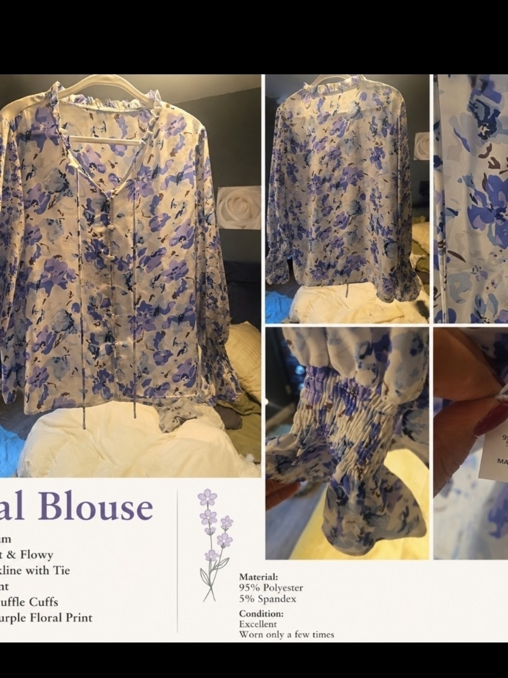 Purple Floral Tie-Neck Blouse with Ruffle Cuffs